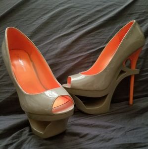 Taupe & neon orange hollow platform heels